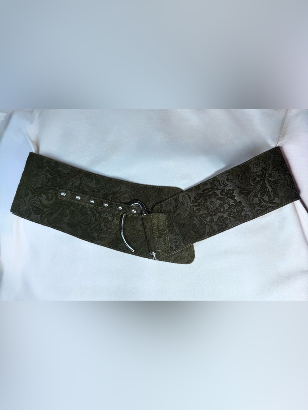 Italian Leather Embossed Wide Statement Belt Olive Green Paisley Silver Buckle